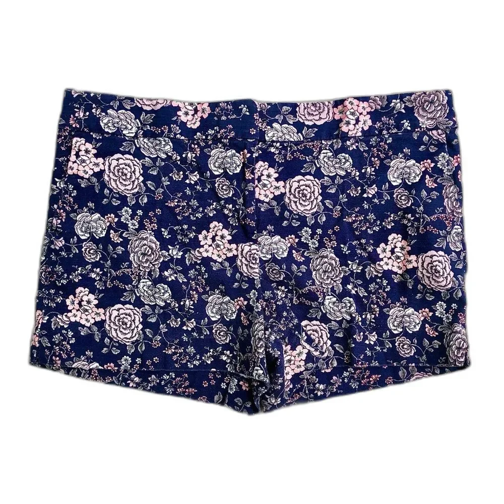 LOFT Riviera Floral Shorts Navy Blue Cotton Tailored Summer Shorts 4” Inseam